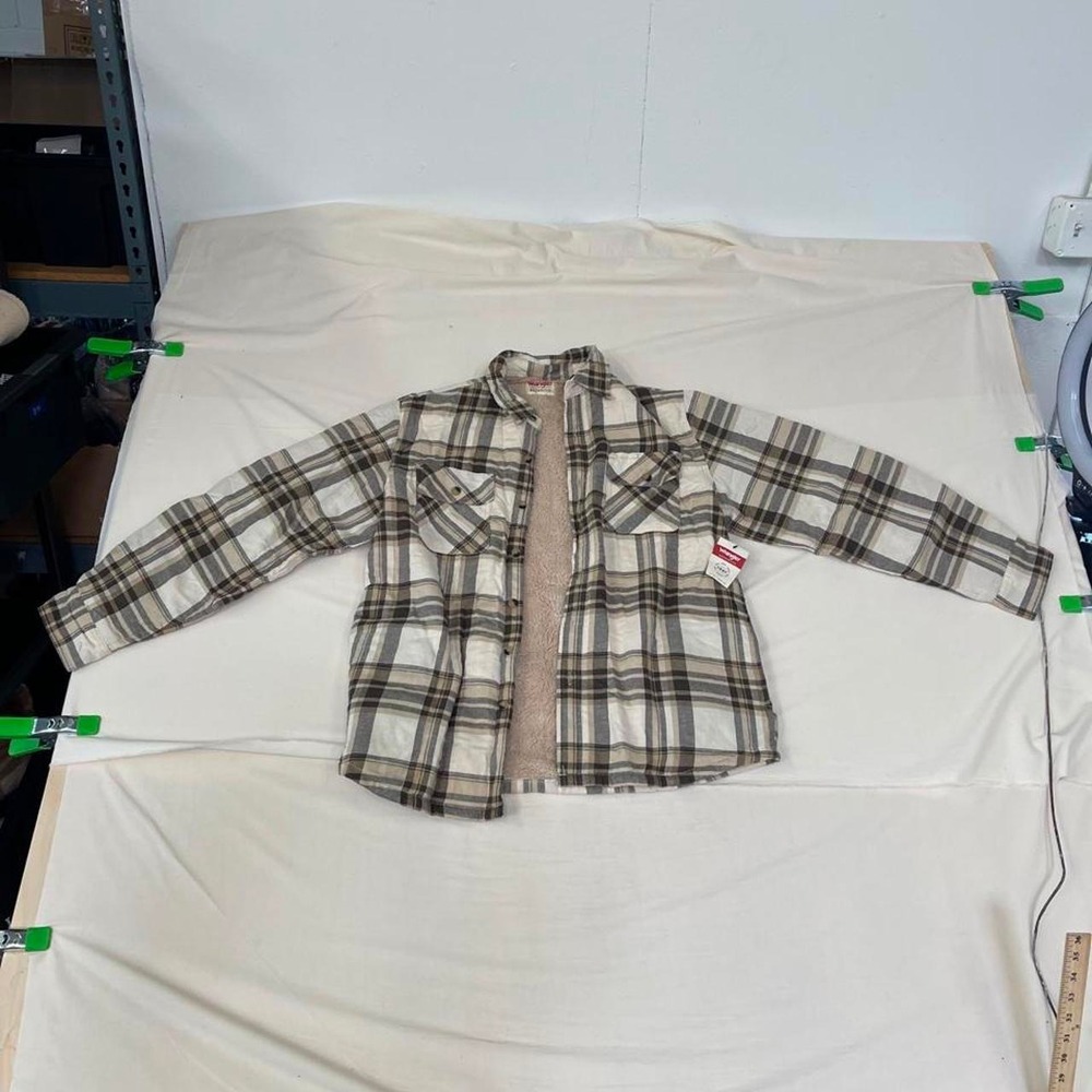 Wrangler beige and gray plaid sherpa-lined shirt jacket
